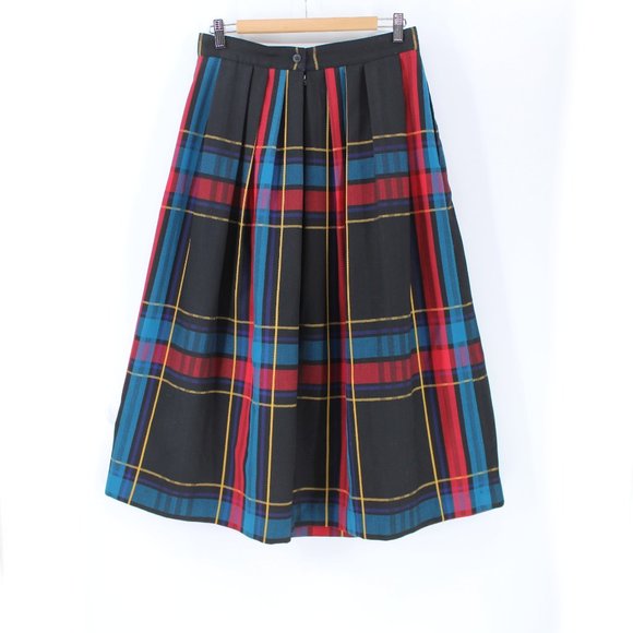 Vintage Plaid Midi Skirt A-line Full Pleated Black Blue Red Yellow Wool Blend - Picture 4 of 6